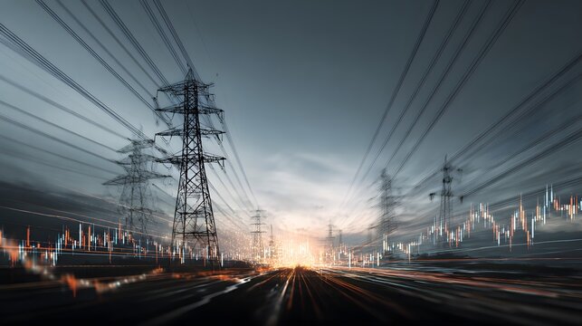 High voltage transmission towers stretch across a landscape overlaid with bright financial market data.