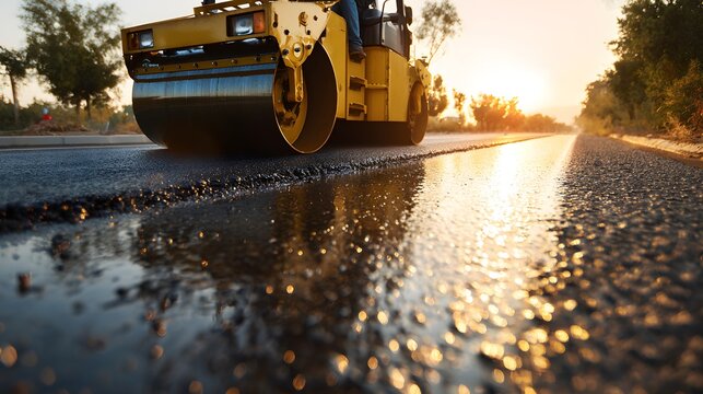Heavy construction roller compacts freshly laid asphalt pavement near sunset