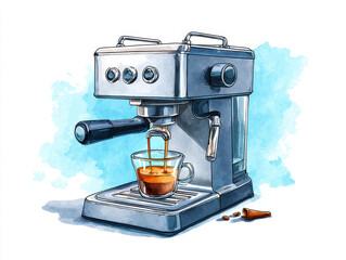 Realistic watercolor modern espresso machine pouring crema into glass cup with scattered coffee bean and tamper, warm inviting kitchen scene