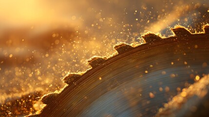 Close up of sharp circular saw teeth illuminated by warm golden light with flying particles