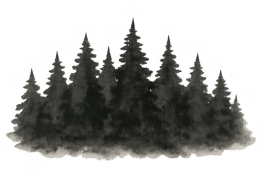 Winter forest landscape with towering pine trees in watercolor style, shrouded in mist, transparent background