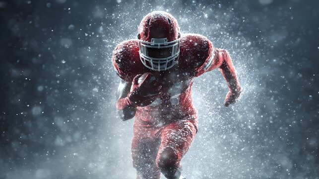Determined athlete in full protective gear advances with the oval ball during a severe winter storm