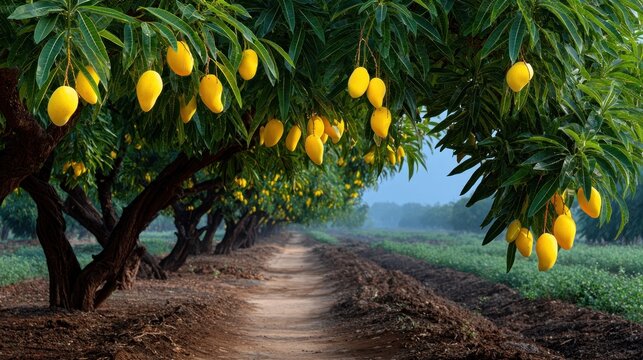 A row of mango trees laden with ripe fruit lines a dirt path leading into the distance