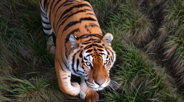 Aerial Drone Footage of Tiger Looking Up at the Drone