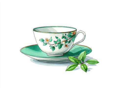 Delicate teacup with saucer floral pattern green rim botanical watercolor still life serene