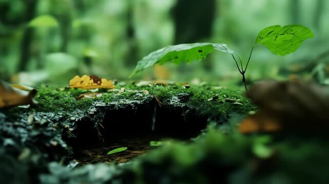 Close up of forest floor with lush greenery and natural elements