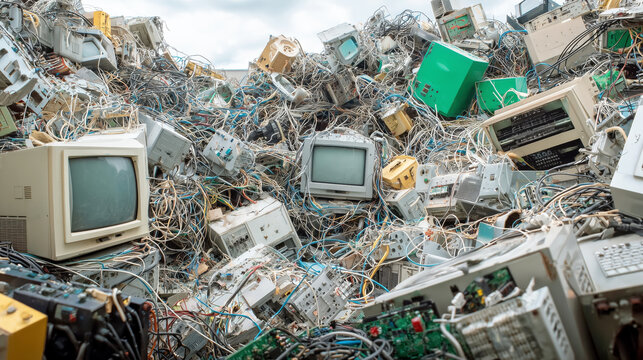 Vintage Computers and Cables Piled Together in a Chaotic Electronic Waste Heap