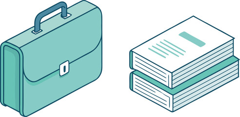 Essential toolkit for the modern professional and scholar, an isometric vector illustration featuring a sleek briefcase and a towering stack of books, representing knowledge, work, and ambition