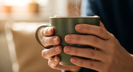 Person holding a green mug with steam rising in a bright and cozy indoor setting close up view