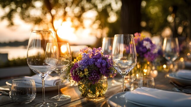 Elegant outdoor dining setting arranged on a wooden table during golden hour illumination. - Powered by Adobe