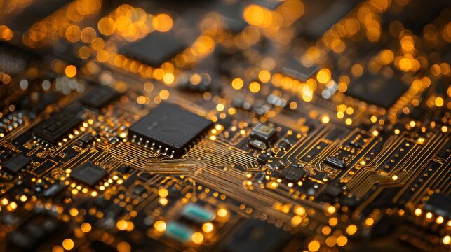 Illuminated electronic circuit board features intricate connections and integrated circuits.