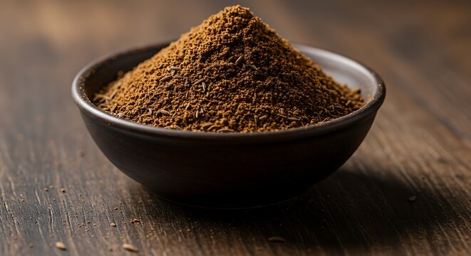 Aromatic Ground Cumin in Bowl on Wooden Surface.