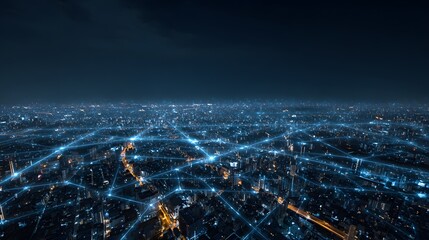 Expansive urban landscape illuminated by abstract digital data connections at night
