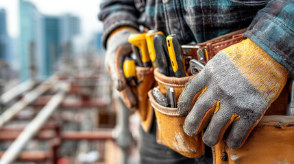 Construction Worker with Tool Belt on Urban Building Site Preparing for Repair Tasks