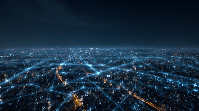 Expansive urban landscape illuminated by abstract digital data connections at night - Powered by Adobe
