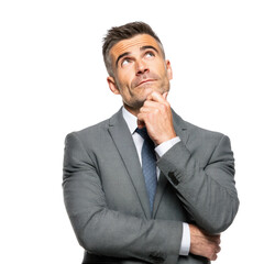 Mature businessman in grey suit pondering looking up with a thoughtful expression isolated on transparent background