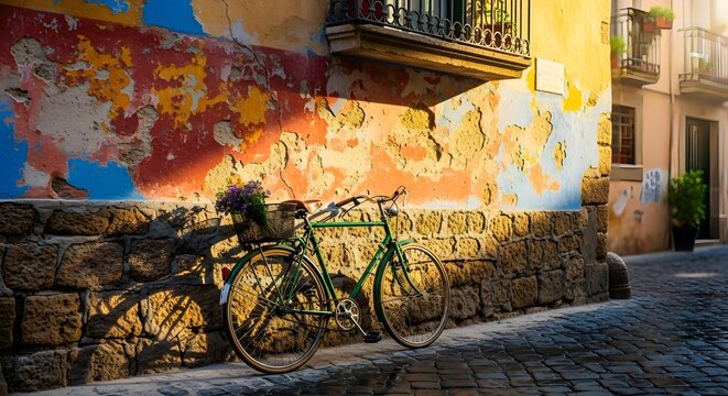 Green bicycle with flower basket leaning against colorful old building wall in european street