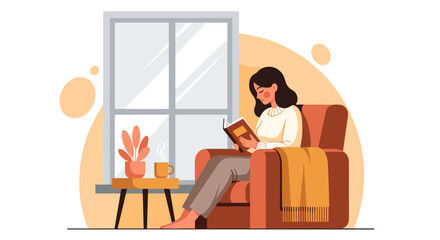 Fototapeta premium A tranquil woman enjoys a peaceful moment, deeply engrossed in reading a book while relaxing in a cozy armchair by her sunlit home window.