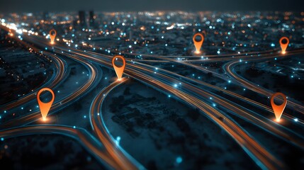 Illuminated digital navigation markers hover above a complex network of flowing highway interchanges at night