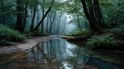 Serene forest scene with a winding stream reflecting the surrounding trees and mist
