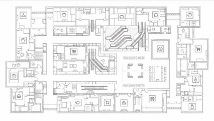 High Quality Black Line Art of Shopping Mall Floor Layout with Shops, Corridors, Escalators, and Common Areas