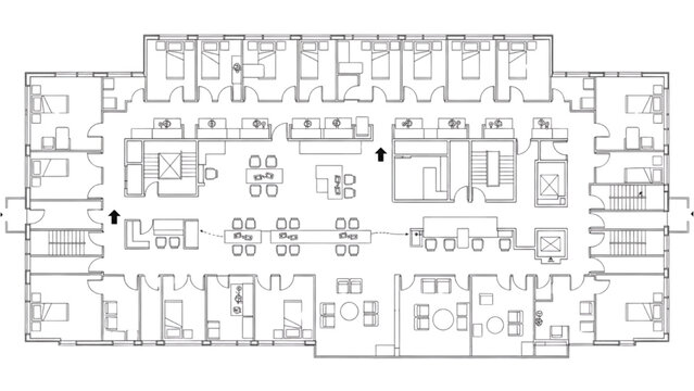 High Quality Black Line Art of Hospital Wing with Patient Rooms, Nurses&rsquo; Station, Corridors, and Waiting Areas