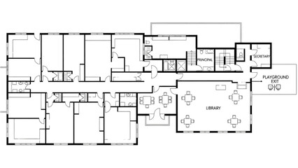 High Quality Black Line Art of School Floor Plan with Classrooms, Hallways, Library, Playground Exit, and Administrative Offices