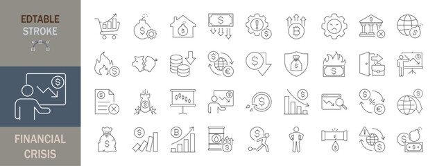 Financial crisis icon set. Editable line icons. Vector illustration.
