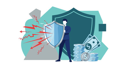 Illustrating the critical concept of financial security, an individual uses a shield to protect valuable assets from potential risks and economic instability.