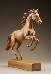 Elegant Wooden Horse Sculpture - A Majestic Equestrian Statue.