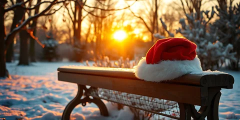 Papier peint photo Chambre de fille Cozy Christmas scene with Santa hat on snowy park bench at sunset, evoking holiday cheer and winter magic for seasonal campaigns and heartfelt greetings  © Haji