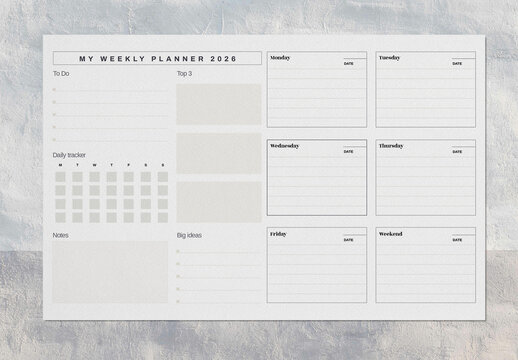 Beige Weekly Planner 2026 Tabloid Size
