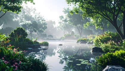 Misty Morning Serenity: Tranquil Pond in a Lush Green Garden.