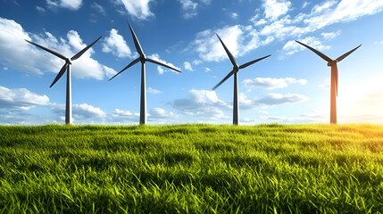 Isolated against a clear backdrop are wind turbines and grassy hill vegetation. The idea of natural energy