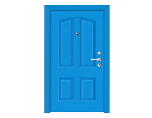 Isolated cyan door with four panels, silver handle, peephole, and keyhole against a dark background