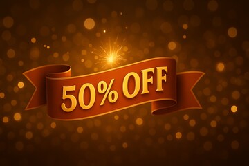 Festive 50 percent off sale banner with sparkling golden bokeh lights