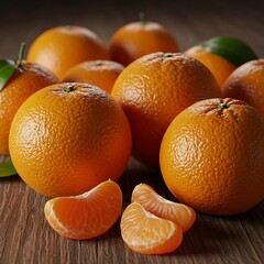 Fresh Oranges and Slices on a Wooden Table.