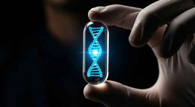 Glowing DNA capsule held by gloved hand evokes therapy and genetics advance in futuristic medicine highlighting research innovation and precision treatment optimism