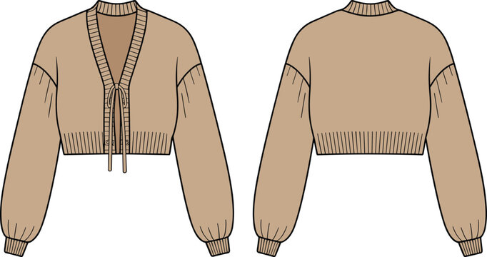 Cropped cardigan sweater fashion template, CAD garment drawing, flat vector illustration, tie front design, balloon sleeve sketch, ribbed hem, clothing outline