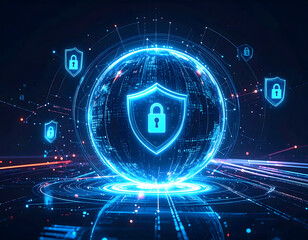 Abstract Digital Globe with Security Shield Representing Global Cybersecurity and Fintech