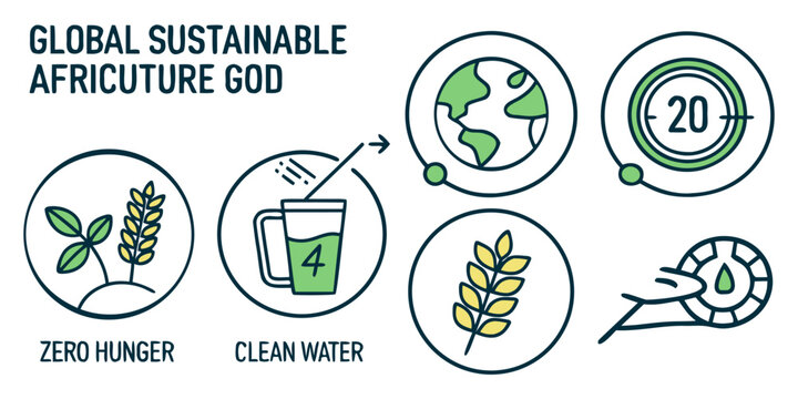 Global Sustainable Agriculture Goals Icon Set. Vector pictograms in a Clean Water, Zero Hunger, Productivity, Earth, Plant, Grain. Flat Design Vector Illustration on Transparent Background.