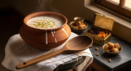 Saffron Kheer (rice pudding) or Badam Doodh (milk) served in a clay handi, topped with pistachios, next to dry fruits and sweet Gulab Jamun in a brass antique jewelry box.
