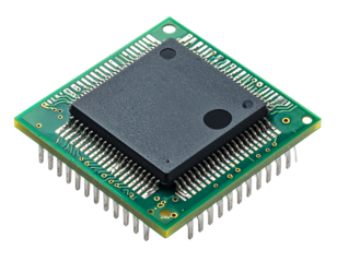 Integrated circuit with many pins around a square chip, isolated on black