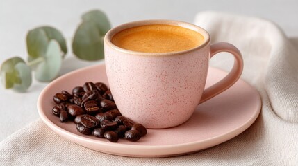 Styled flat lay of roasted coffee beans next to a pink speckled mug filled with frothy coffee on a light pink plate with eucalyptus leaves and textured fabric in soft natural light
