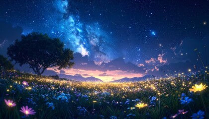 Enchanting Night Landscape with Luminous Flowers and a Vibrant Starry Sky.