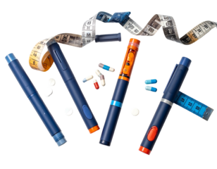 Insulin pens, measuring tape, and pills are spread on black. Medical treatment tools for diabetes management shown