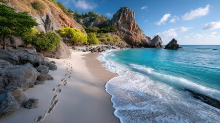 Tropical Beach With Footprints Leading Towards A Rocky Cliff And Turquoise Ocean Under A Clear Blue Sky