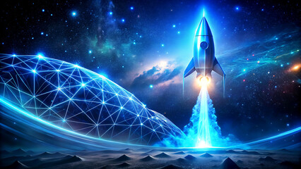 Rocket launch in space digital art illustration with glowing lights and stars concept for technology and innovation