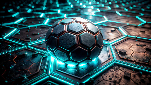 Futuristic soccer ball with glowing neon lines a modern technology concept ideal for sports and gaming visuals