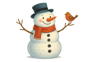 Fototapeta premium Snowman with top hat, scarf, carrot nose and bird perched on branch arm, winter holiday season character